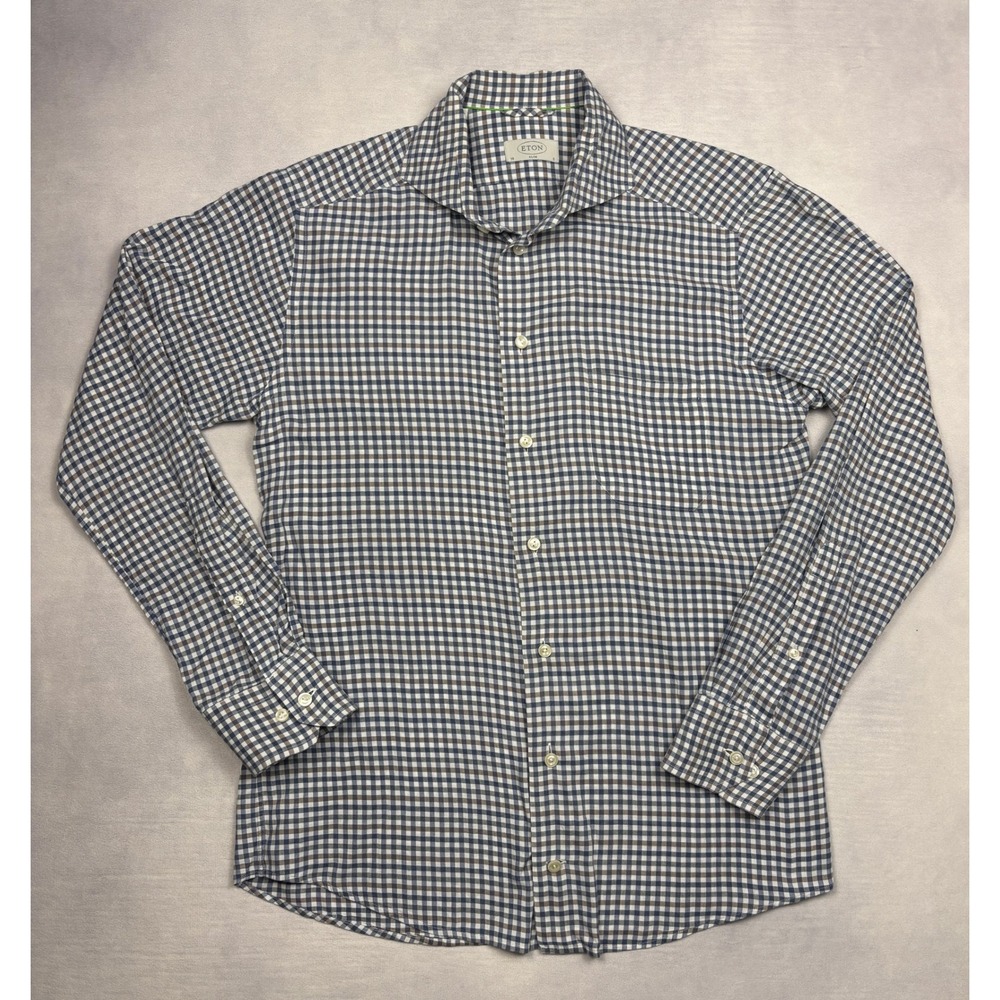Eton Slim Fit Gingham Check Button Down Shirt Mens 38 15 Small Blue Brown Cotton